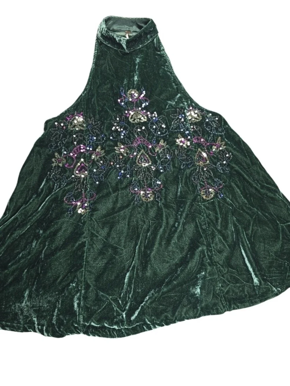 Free People Women’s Size S Emerald Green Velvet Embroidered Beaded Mini Dress